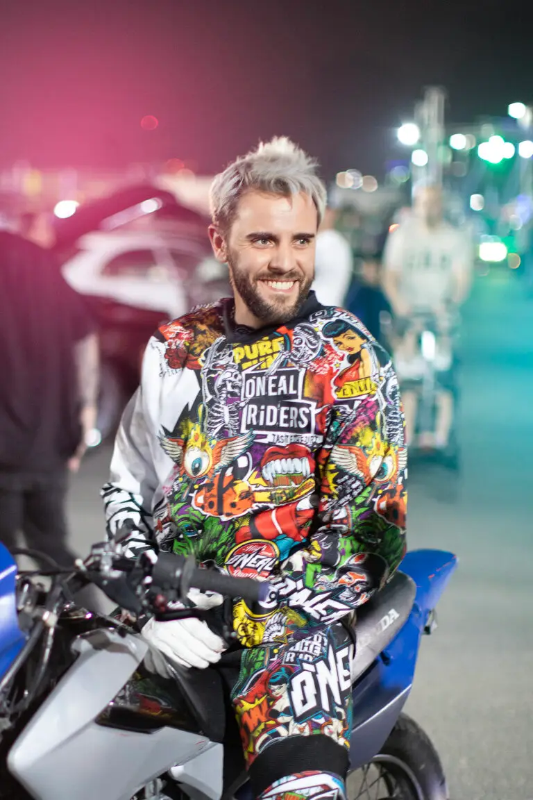 Professional stunt rider in O'Neal Riders gear at Automadness event - brand ambassador for Danger Globe motorcycle entertainment