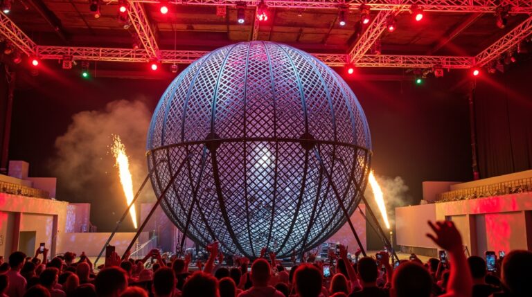 colossal steel Globe of Death sphere dominating the stage of a premium GCC open-air amphitheatre at night